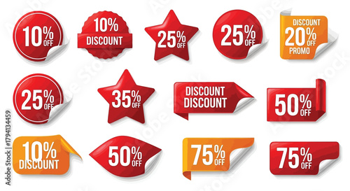 Set of discount stickers sale promotion badges in red and orange price tags retail marketing campaigns