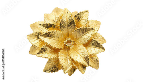 Decorative Golden Metal Flower With Leaves, Ornate and Elegant