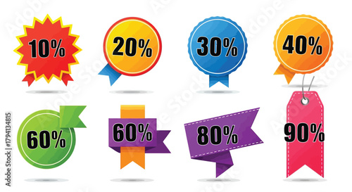 Set of colorful discount percentage icons sale stickers and tags retail promotion isolated on white background