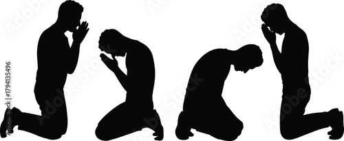 Kneeling man praying silhouette set, worship and meditation poses, humility and faith concept, spiritual devotion gesture collection vector illustration for SEO.