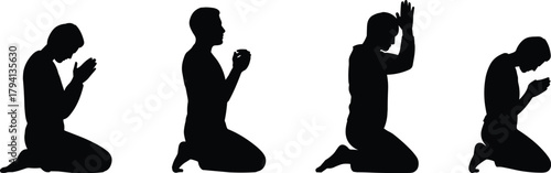 Kneeling prayer silhouette set of men, worship and gratitude poses, faith devotion and meditation gestures, spiritual humility vector illustration for SEO.