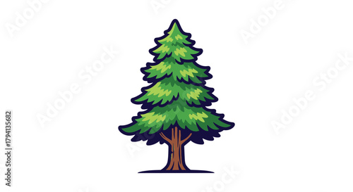 Stylized cartoon illustration of a tall green coniferous evergreen tree with a brown trunk