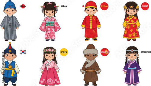 Cartoon children in traditional Asian clothing, Japan, China, Korea, Mongolia, cultural diversity, ethnic costume, heritage, education, celebration, illustration