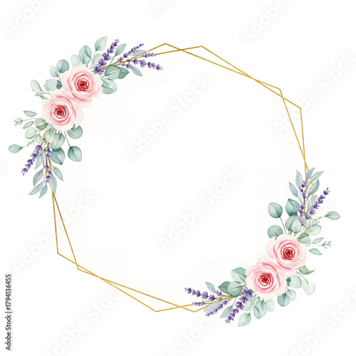 Elegant Floral Gold Frame, Watercolor Rose Lavender Wreath, Delicate Botanical Border, Wedding Invitation Element, Greenery Hexagon Frame, Decorative Layout Isolated on transparent background, png