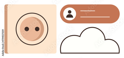 User profile icon in speech bubble, cloud graphic, and socket plug suggest themes thumbs up technology, connection, power, and digital networks. Ideal for communication, energy, cloud computing