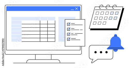 Computer monitor displaying a spreadsheet, checklist with ticked tasks, calendar page, notification bell, and chat bubble. Ideal for productivity, planning, scheduling, teamwork organization