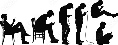 Smartphone addiction poses silhouette set, people sitting standing charging and scrolling, digital dependence concept, screen time habits vector illustration for SEO.