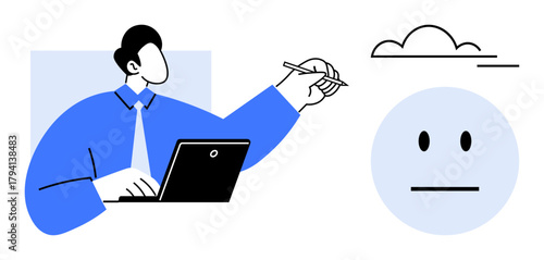 Man in a blue shirt holding a pencil, working on a laptop, capturing thoughts, cloud-thumbs up idea sign, minimal face as emotion. Ideal for creativity, thinking, work, innovation emotions