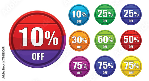 Set of colorful discount badges offering various percentage sales promotion elements marketing campaigns and retail