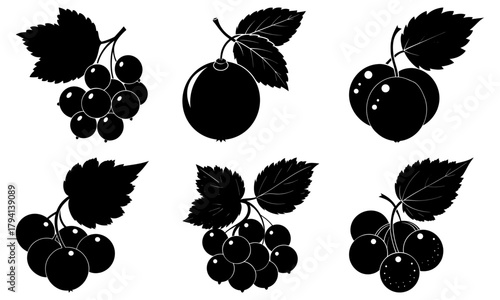 Illustration of black silhouettes of various fruits with leaves on white background showcasing nature's bounty