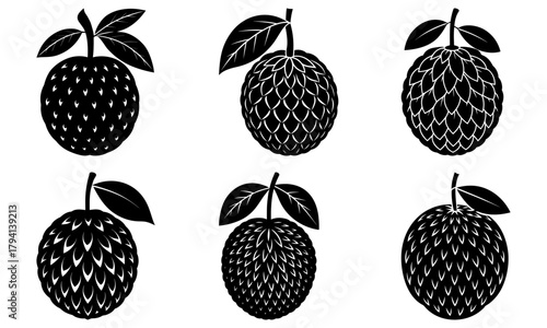 Six black and white cherimoya fruit illustrations with leaves in varying patterns and orientations