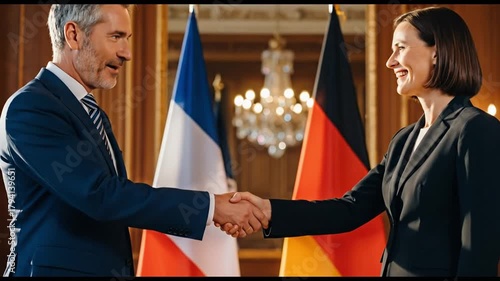 handshake between diplomats with French and German flags in the background