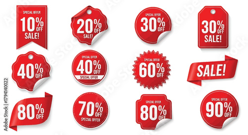 Set of red sale stickers and tags offering discounts from 10 to 90 off illustration retail promotions and advertising