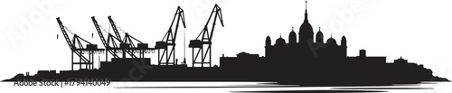 Black Silhouette Cityscape with Industrial Cranes and Buildings Against Transparent Background