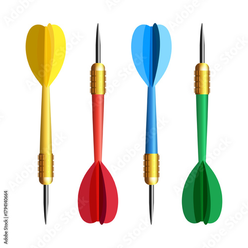 Colorful dart set with sharp metal tips and vibrant fins isolated on white background for sports concepts