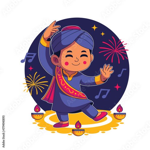 Happy Diwali Boy Dancing with Fireworks
