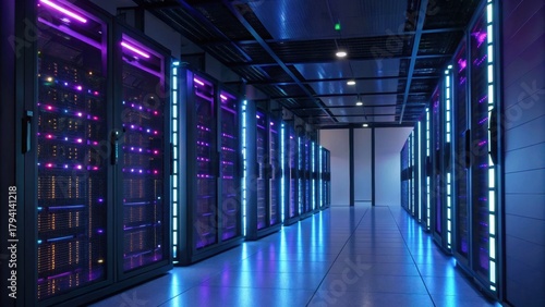 A modern data center featuring illuminated server racks, showcasing a high-tech environment with vibrant blue and purple lighting.