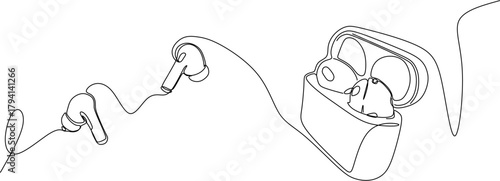 Continuous line drawing. TWS True Wireless earphone. Vector illustration.