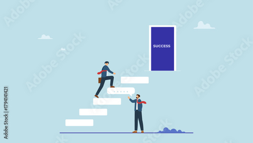 Businessman expert with speech bubble help connect stairway to success. Expert advice or intelligence information to solve business problem, professional consultant or support giving solution.