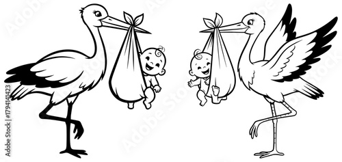 Two storks delivering babies in slings, black and white illustration, stork carrying baby