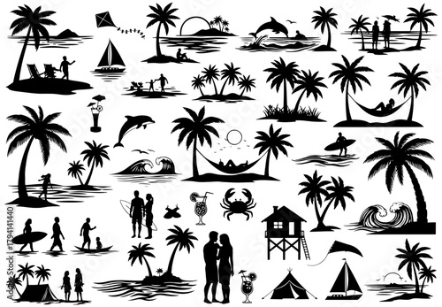 Silhouette summer beach scene with palm trees, people, and ocean tropical paradise with hammock and surfing