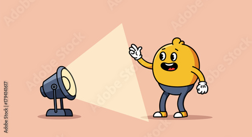 Lemon Character Illuminated by Spotlight with Raised Hand.
