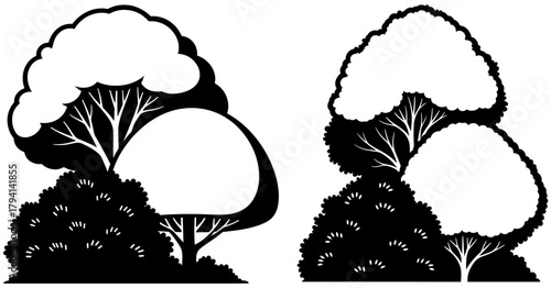 Silhouette illustration of trees and bushes, showcasing nature and landscape elements in a simple design