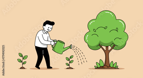 Man carefully waters young plants, nurturing growth and development.