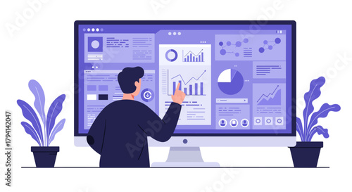 Man analyzing data on computer screen, business analytics concept.