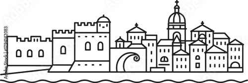 Silhouette vector of old city outline with buildings fort and coastline