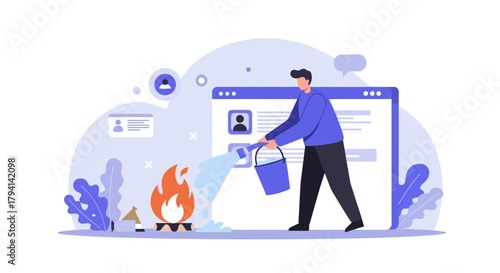 Man Extinguishing Fire on Computer Screen with Bucket.