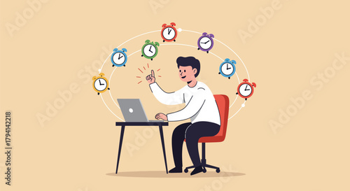 Man Juggling Multiple Clocks While Working on Laptop.