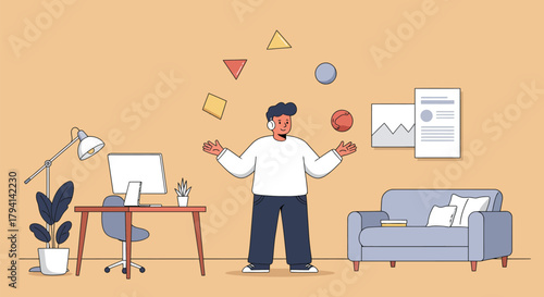 Man juggling shapes and objects in a home office setting.