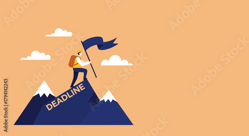 Man on mountain top with flag, reaching deadline goal.