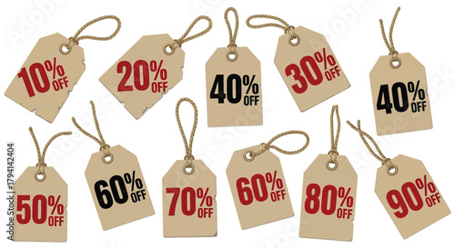 Collection of discount tags sale promotion with percentage off isolated on white background retail marketing campaigns
