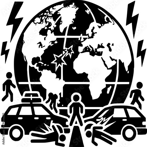 Global Impact of Chaos: A stark graphic illustrates the far-reaching effects of chaos, depicting an injured pedestrian near wrecked vehicles amidst a tumultuous globe.