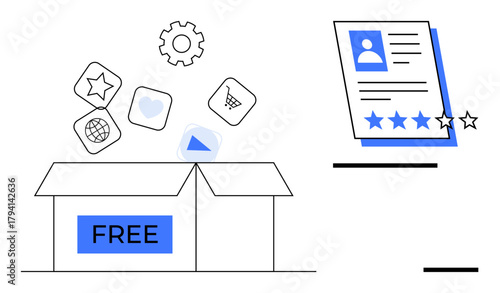 Open box with FREE label releasing icons of star, globe, heart, shopping cart, and play button. Adjacent user profile with ratings demonstrates evaluation and usability. Ideal for marketing