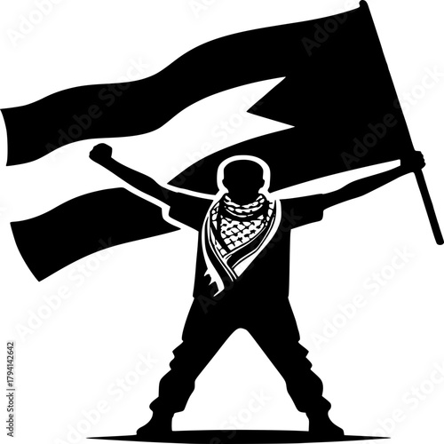 Freedom's Anthem: A Silhouette of a Determined Figure Waves a Symbolic Flag, Embodiment of Hope, Solidarity, and the Spirit of a Nation. 