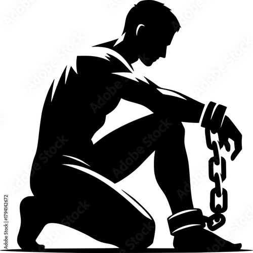 Bound Silhouette: A poignant black and white depiction of a person shackled, with chains and cuffs, illustrating themes of oppression, captivity, and struggle.