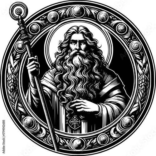 The Sage's Wisdom: A majestic figure, framed within an intricate, ornate circle, holds a staff, symbolizing knowledge and the pursuit of wisdom. The intricate artwork embodies the depth of wisdom.