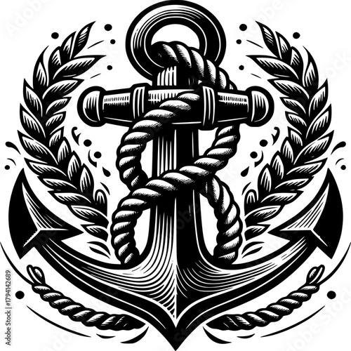Nautical Anchor: A meticulously crafted, detailed nautical anchor, symbolizing strength and steadfastness, is entwined with a sturdy rope and framed by laurel leaves.