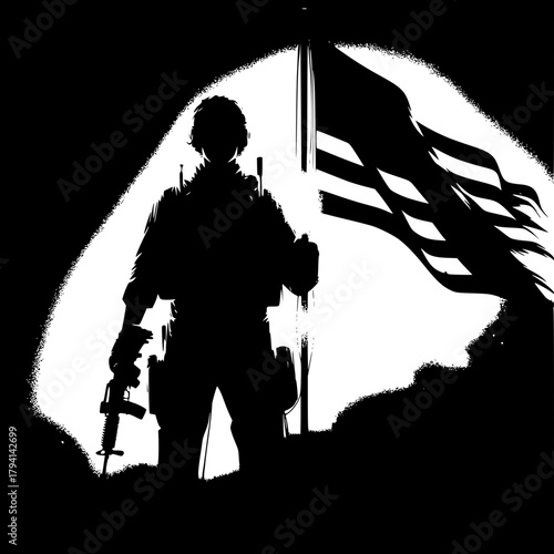 Silhouette of Patriot: A strong, patriotic soldier stands tall, proudly holding the flag of the United States. A silhouette with shadows against a light background.