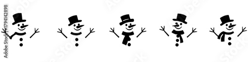 five minimalist snowman illustrations are arranged in a row. each snowman has a unique hat and scarf design, drawn in a simple, graphic black and white style against a plain white background.