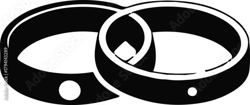 Interlocked wedding rings black silhouette, Simple black silhouette of two interlocked wedding rings symbolizing marriage, commitment, unity, and love, suitable for design, branding, and celebration 
