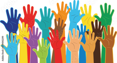 Colorful raised hands vector illustration symbolizing unity, diversity, teamwork, volunteering, community support, equality, and multicultural cooperation design concept.