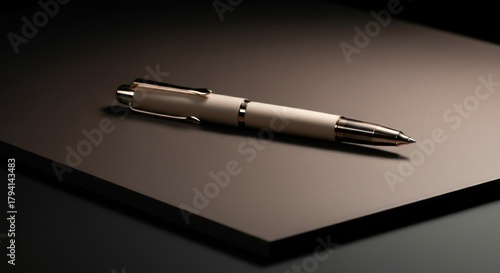 Wallpaper Mural A luxurious cream and gold rollerball pen rests on a dark, textured surface. The lighting is dramatic, creating a sophisticated and elegant mood, perfect for professional or executive themes. Torontodigital.ca