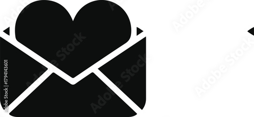 Heart letter icon symbolizing love message, Black silhouette of an envelope with a heart emerging from it, representing love notes, romance, communication, and heartfelt messages in a minimal graphic
