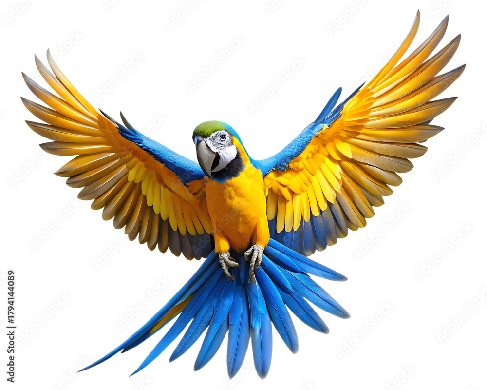 Fototapeta premium Blue and gold macaw bird with wings spread isolated on white background isolated on transparent background