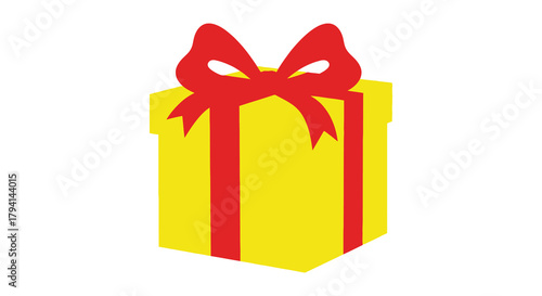 Bright yellow gift box with red ribbon and bow isolated on white background for celebrations