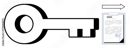 Large key pointing to a signed document with text and an arrow. Ideal for security, access, agreement, permission, trust, contract, and legal validation. Simple flat metaphor